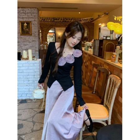 FA51311# 法式重工花朵v领修身上衣缎面半身裙两件套气秋季新款女 服裝批發女裝批發服飾貨源