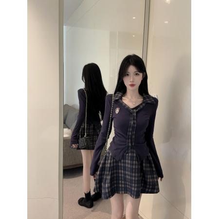 FA51312# 学院风套装小个子洋气减龄藏青色上衣格子半身裙两件套装裙超好看 服裝批發女裝批發服飾貨源