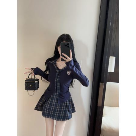 FA51312# 学院风套装小个子洋气减龄藏青色上衣格子半身裙两件套装裙超好看 服裝批發女裝批發服飾貨源
