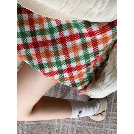 FA51316# 大码女装冬季新款毛呢A字裙明媚彩虹格复古半身裙 服裝批發女裝批發服飾貨源