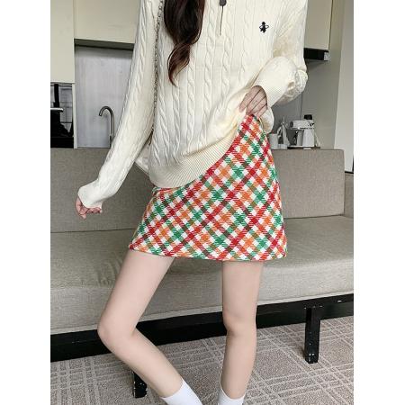 FA51316# 大码女装冬季新款毛呢A字裙明媚彩虹格复古半身裙 服裝批發女裝批發服飾貨源