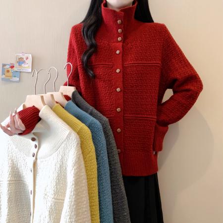 FA51317# 大码女装冬季新款立领单排扣针织衫加厚保暖毛衣 服裝批發女裝批發服飾貨源