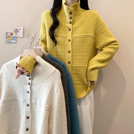 FA51317# 大码女装冬季新款立领单排扣针织衫加厚保暖毛衣 服裝批發女裝批發服飾貨源