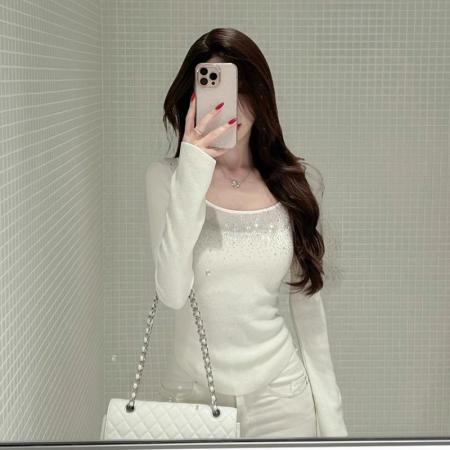 FA51318# 纯欲U领烫钻针织打底衫女秋冬新款巨好看的内搭修身长袖上衣 服裝批發女裝批發服飾貨源