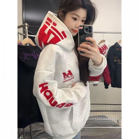 FA51319# 薄款/加绒原版刺绣后包领纯棉华棉复合卫衣女 服裝批發女裝批發服飾貨源