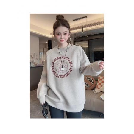 FA51322# 仿棉华棉复合奥粒绒卫衣秋冬新款刺绣花宽松圆领保暖上衣 服裝批發女裝批發服飾貨源