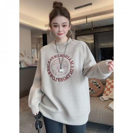 FA51322# 仿棉华棉复合奥粒绒卫衣秋冬新款刺绣花宽松圆领保暖上衣 服裝批發女裝批發服飾貨源