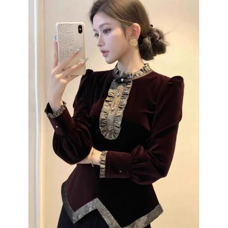 FA51324# 法式轻奢复古撞色丝绒打底衬衫女高级设计感秋冬收腰显瘦长袖上衣 服裝批發女裝批發服飾貨源