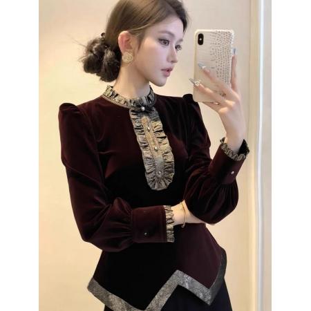 FA51324# 法式轻奢复古撞色丝绒打底衬衫女高级设计感秋冬收腰显瘦长袖上衣 服裝批發女裝批發服飾貨源