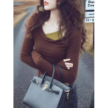 FA51325# 秋冬季撞色拼接荡领假两件打底衫女内搭复古辣妹修身长袖t恤上衣 服裝批發女裝批發服飾貨源