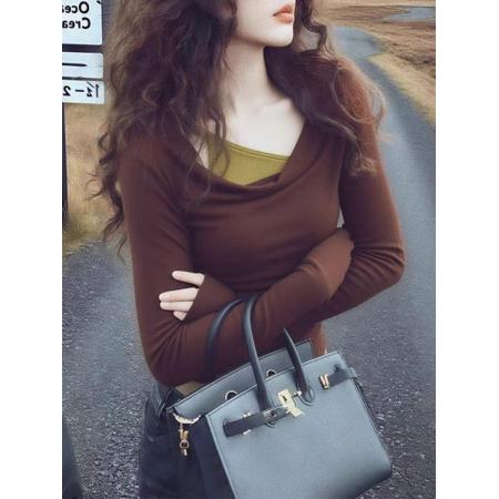 FA51325# 秋冬季撞色拼接荡领假两件打底衫女内搭复古辣妹修身长袖t恤上衣 服裝批發女裝批發服飾貨源