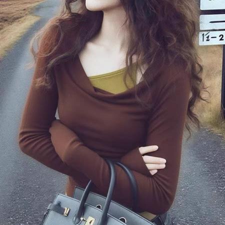 FA51325# 秋冬季撞色拼接荡领假两件打底衫女内搭复古辣妹修身长袖t恤上衣 服裝批發女裝批發服飾貨源