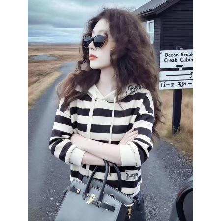 FA51327# 秋季新款韩版时尚宽松条纹刺绣连帽卫衣气质百搭加厚上衣 服裝批發女裝批發服飾貨源