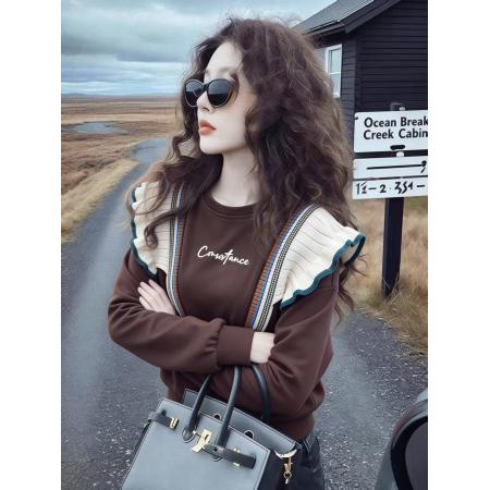 FA51328# 秋冬季新款时尚甜美荷叶边拼接字母印花卫衣宽松气质百搭上衣 服裝批發女裝批發服飾貨源