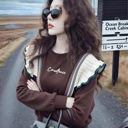 FA51328# 秋冬季新款时尚甜美荷叶边拼接字母印花卫衣宽松气质百搭上衣 服裝批發女裝批發服飾貨源