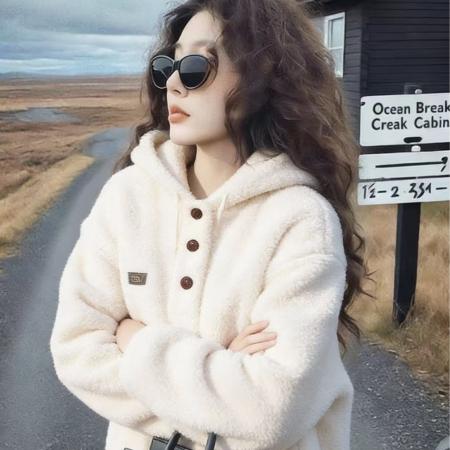 FA51329# 高级感白色羊羔毛连帽卫衣女冬季新款宽松韩版加厚外套上衣潮 服裝批發女裝批發服飾貨源