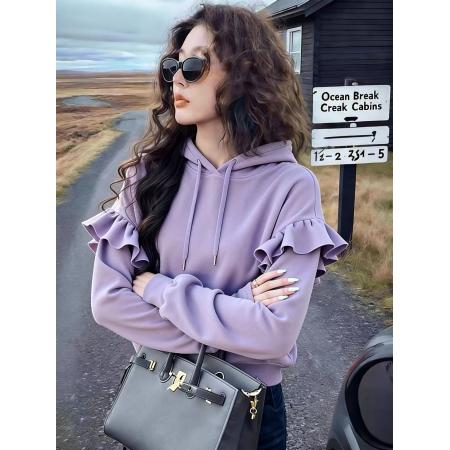 FA51330# 紫色连帽卫衣女秋冬新款爆款春秋外套宽松时尚洋气荷叶边上衣 服裝批發女裝批發服飾貨源