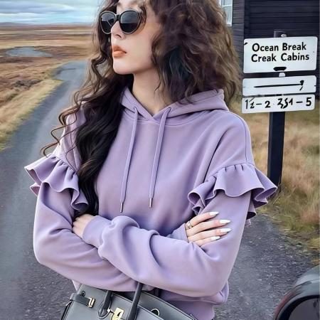 FA51330# 紫色连帽卫衣女秋冬新款爆款春秋外套宽松时尚洋气荷叶边上衣 服裝批發女裝批發服飾貨源