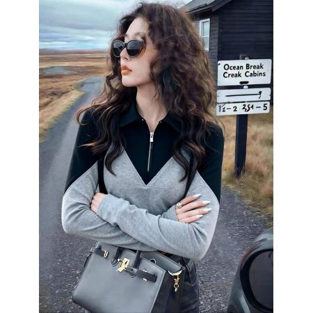 FA51331# 秋冬新款时尚短款上衣美式圆领时尚宽松套头黑灰拼接卫衣女 服裝批發女裝批發服飾貨源