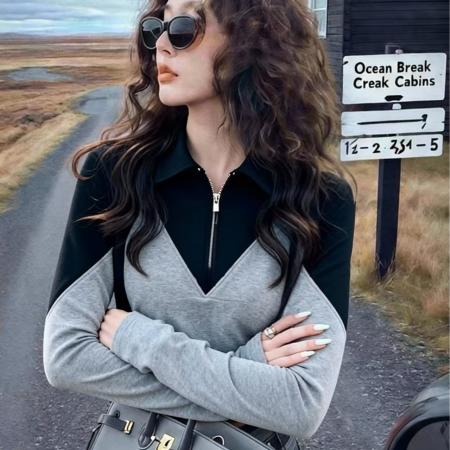 FA51331# 秋冬新款时尚短款上衣美式圆领时尚宽松套头黑灰拼接卫衣女 服裝批發女裝批發服飾貨源