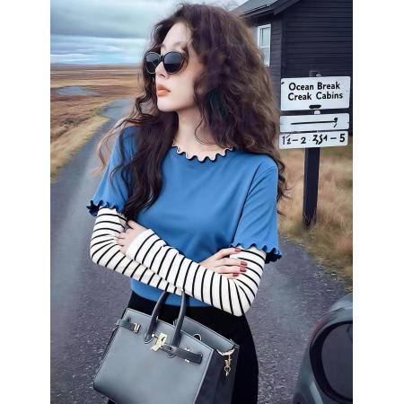 FA51332# 秋季小众气质设计感圆领套头百搭超好看蓝色假两件可叠穿上衣女 服裝批發女裝批發服飾貨源