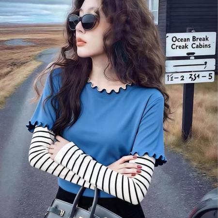 FA51332# 秋季小众气质设计感圆领套头百搭超好看蓝色假两件可叠穿上衣女 服裝批發女裝批發服飾貨源