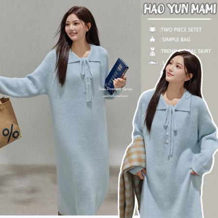 FA51338# 大码女装秋冬新款polo翻领系带显瘦毛衣裙慵懒风长袖简约针织长裙 服裝批發女裝批發服飾貨源