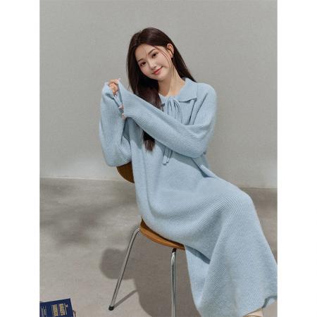 FA51338# 大码女装秋冬新款polo翻领系带显瘦毛衣裙慵懒风长袖简约针织长裙 服裝批發女裝批發服飾貨源