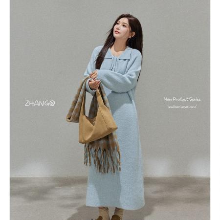 FA51338# 大码女装秋冬新款polo翻领系带显瘦毛衣裙慵懒风长袖简约针织长裙 服裝批發女裝批發服飾貨源