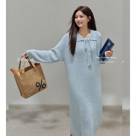 FA51338# 大码女装秋冬新款polo翻领系带显瘦毛衣裙慵懒风长袖简约针织长裙 服裝批發女裝批發服飾貨源