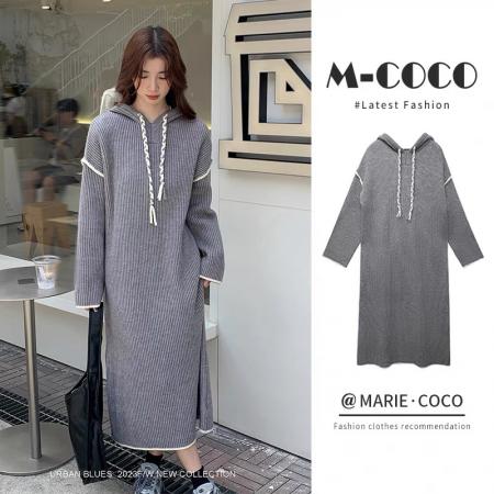 FA51341# 大码女装轻奢针织连衣裙女秋冬新款复古宽松慵懒风休闲连帽毛衣 服裝批發女裝批發服飾貨源