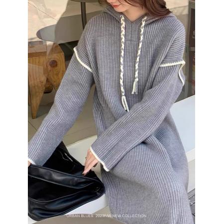 FA51341# 大码女装轻奢针织连衣裙女秋冬新款复古宽松慵懒风休闲连帽毛衣 服裝批發女裝批發服飾貨源