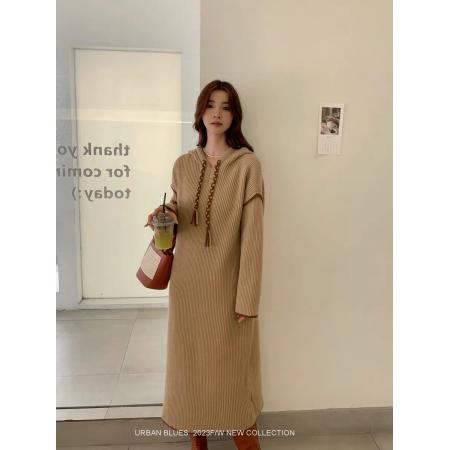 FA51341# 大码女装轻奢针织连衣裙女秋冬新款复古宽松慵懒风休闲连帽毛衣 服裝批發女裝批發服飾貨源