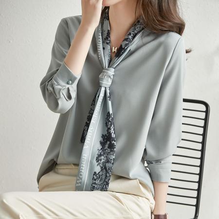 FA51342# 春秋法式飘带领结醋酸仿真丝衬衫女设计感小众别致上衣蓝色衬衣 服裝批發女裝批發服飾貨源