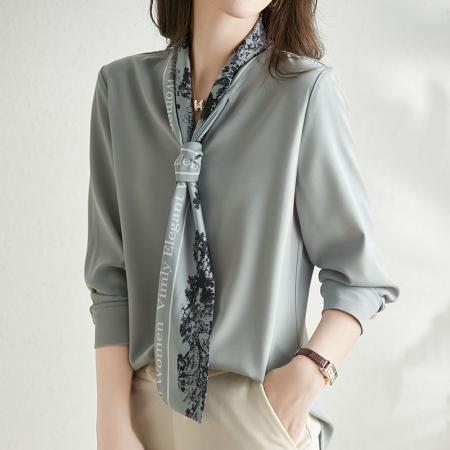 FA51342# 春秋法式飘带领结醋酸仿真丝衬衫女设计感小众别致上衣蓝色衬衣 服裝批發女裝批發服飾貨源