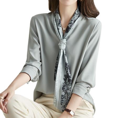 FA51342# 春秋法式飘带领结醋酸仿真丝衬衫女设计感小众别致上衣蓝色衬衣 服裝批發女裝批發服飾貨源