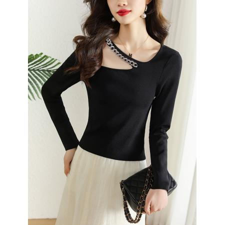 FA51344# 春季新款链条镂空挂脖长袖T恤女设计感小众短款内搭上衣 服裝批發女裝批發服飾貨源