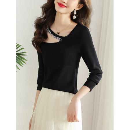 FA51344# 春季新款链条镂空挂脖长袖T恤女设计感小众短款内搭上衣 服裝批發女裝批發服飾貨源