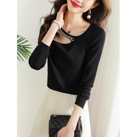 FA51344# 春季新款链条镂空挂脖长袖T恤女设计感小众短款内搭上衣 服裝批發女裝批發服飾貨源
