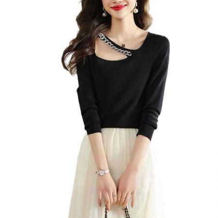 FA51344# 春季新款链条镂空挂脖长袖T恤女设计感小众短款内搭上衣 服裝批發女裝批發服飾貨源