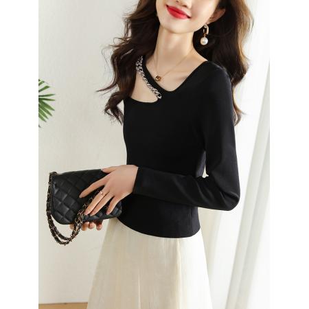FA51344# 春季新款链条镂空挂脖长袖T恤女设计感小众短款内搭上衣 服裝批發女裝批發服飾貨源