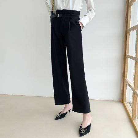 FA51345# 新款直筒裤女时尚宽松垂感高腰显瘦皮袢装饰百搭长裤 服裝批發女裝批發服飾貨源