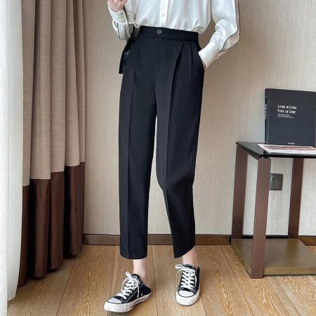 FA51347# 烟管西装裤女春秋高腰垂感小个子职业装百搭休闲黑色哈伦九分裤薄 服裝批發女裝批發服飾貨源