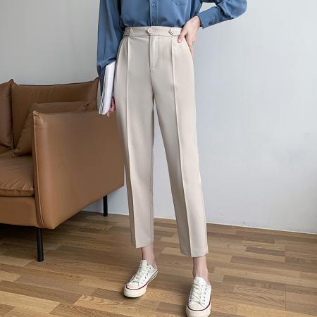 FA51347# 烟管西装裤女春秋高腰垂感小个子职业装百搭休闲黑色哈伦九分裤薄 服裝批發女裝批發服飾貨源