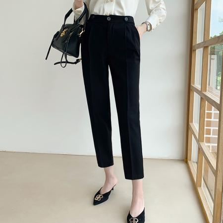 FA51347# 烟管西装裤女春秋高腰垂感小个子职业装百搭休闲黑色哈伦九分裤薄 服裝批發女裝批發服飾貨源