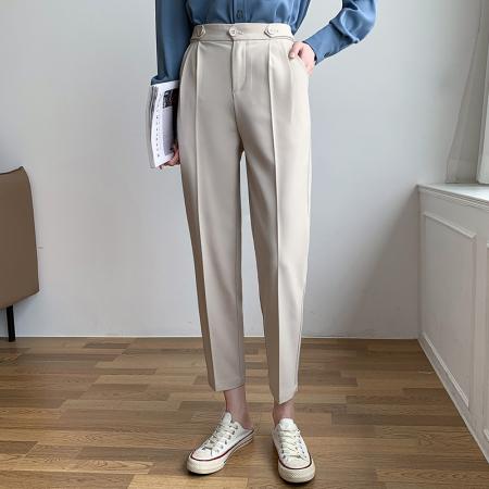 FA51347# 烟管西装裤女春秋高腰垂感小个子职业装百搭休闲黑色哈伦九分裤薄 服裝批發女裝批發服飾貨源