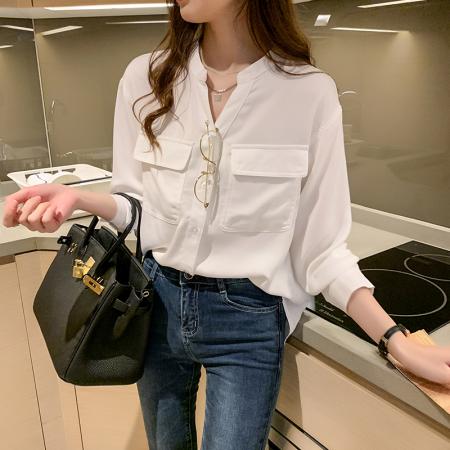 FA51348# 衬衫女春季新款洋气宽松设计感小众V领雪纺衫白色上衣 服裝批發女裝批發服飾貨源