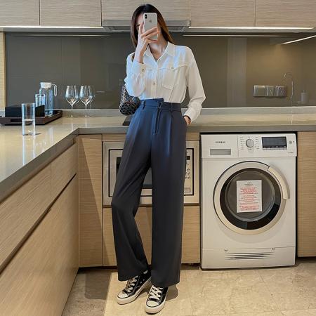 FA51349# 垂感西装阔腿裤女春秋新款小个子黑色高级感窄版直筒 服裝批發女裝批發服飾貨源