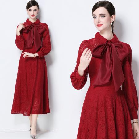 FA51350# 气质名媛高端水溶蕾丝长袖丝绸系带连衣裙女高腰显瘦中长裙 服裝批發女裝批發服飾貨源