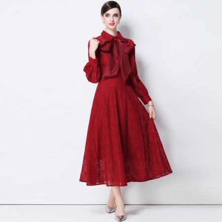 FA51350# 气质名媛高端水溶蕾丝长袖丝绸系带连衣裙女高腰显瘦中长裙 服裝批發女裝批發服飾貨源